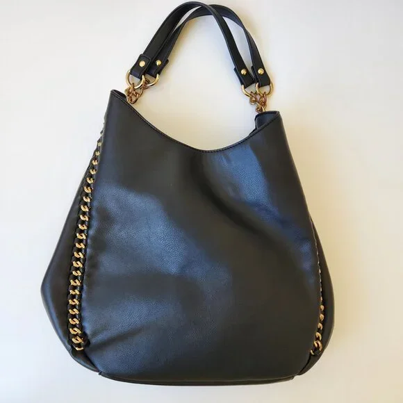 Bebe Black Faux Leather Bag Purse Large Gold Chains Glam Edgy Maximalism Loud - Picture 2 of 16